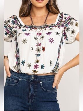 Free People White Embroidered Square-Neck Crop Top